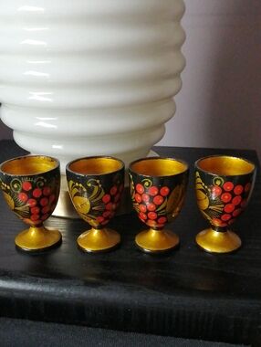 USSR Russian Khokhloma Handpainted Wooden  Egg Cups (4)